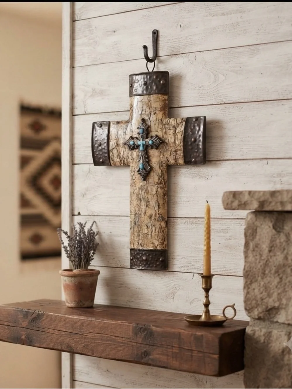 Rustic Southwestern style faux wood and hammered iron wall cross